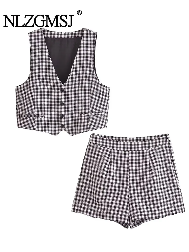 

Повседневные женские клетчатые костюмы, комплект из 2 предметов, жилет с v-образным вырезом и пуговицами, блейзер + широкие шорты с высокой талией, модные летние комплекты 2025 г.