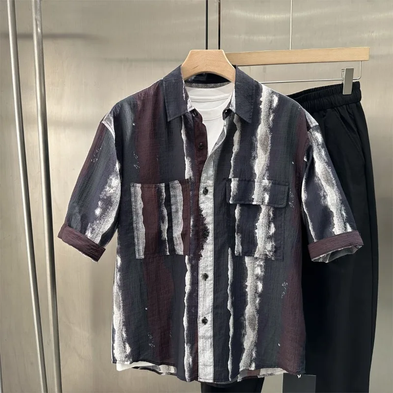 

2025 Summer Personalized Striped Ink Splash Mid-sleeved Shirt Men's Loose Five-point Sleeve Loose Casual Shirt Trendy Design Top