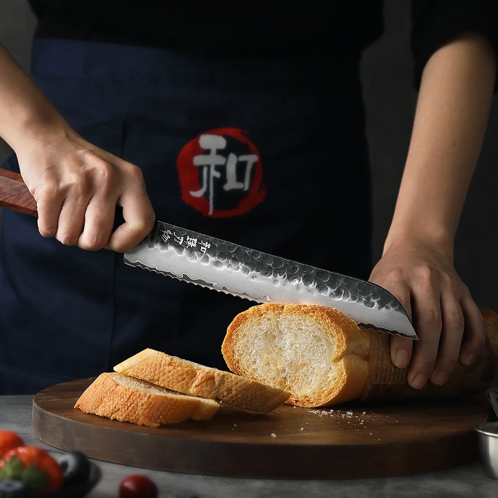 HEZHEN Retro Series 8.5 Bread Knife Three-layer Composite Steel Stainless Steel Red Wood Handle Kitchen Cooking Knives