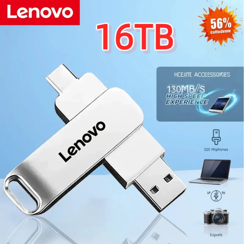 Lenovo USB3.2 USB Flash Drive 16TB OTG Pen Drive High Speed Type-C Flash Disk Real Capacity Metal Pendrive For Phone Computer