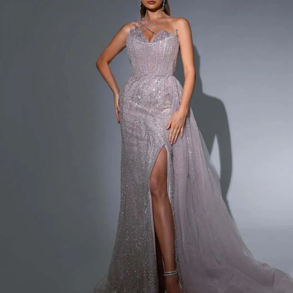 High Quality Evening Party Dresses Floor Length Trumpet Full Sleeves Sweetheart High Side Split Women Banquet Prom Gowns