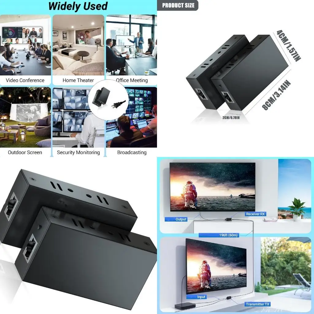 RJ45 Extender Over Cat5e/6/7 Cable 60M 1080P@60Hz For PC Projectors 100-240V H8WD