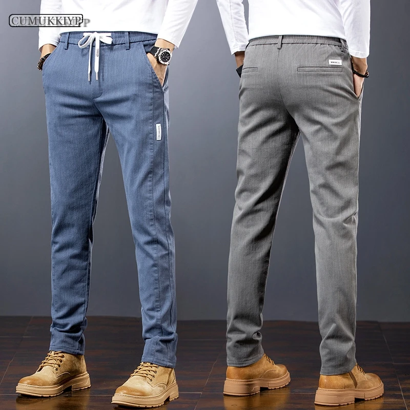 

CUMUKKIYP 2023 Autumn Winter Casual Drawstring Elastic Waist Pants Men Stretch Straight Baggy Hosen Trousers