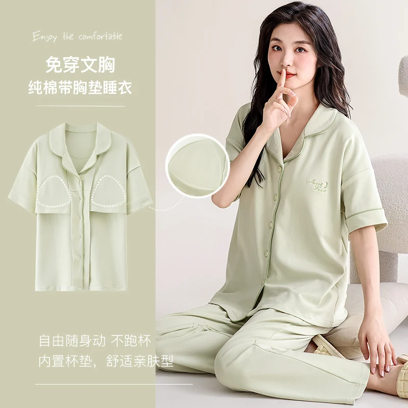 Newest Summer Short Sleeve Sleepwear With Chest Pad 100%Cotton Women Pajamas Set Female Turn-down Collar Pijamas Mujer