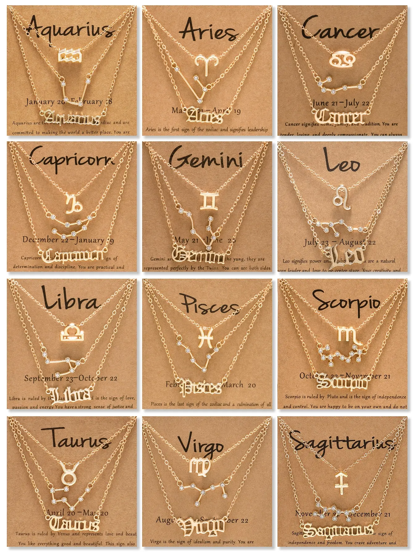 Conjunto de Colares em Camadas com Símbolos do Zodíaco e Detalhes em Cristal para Mulheres