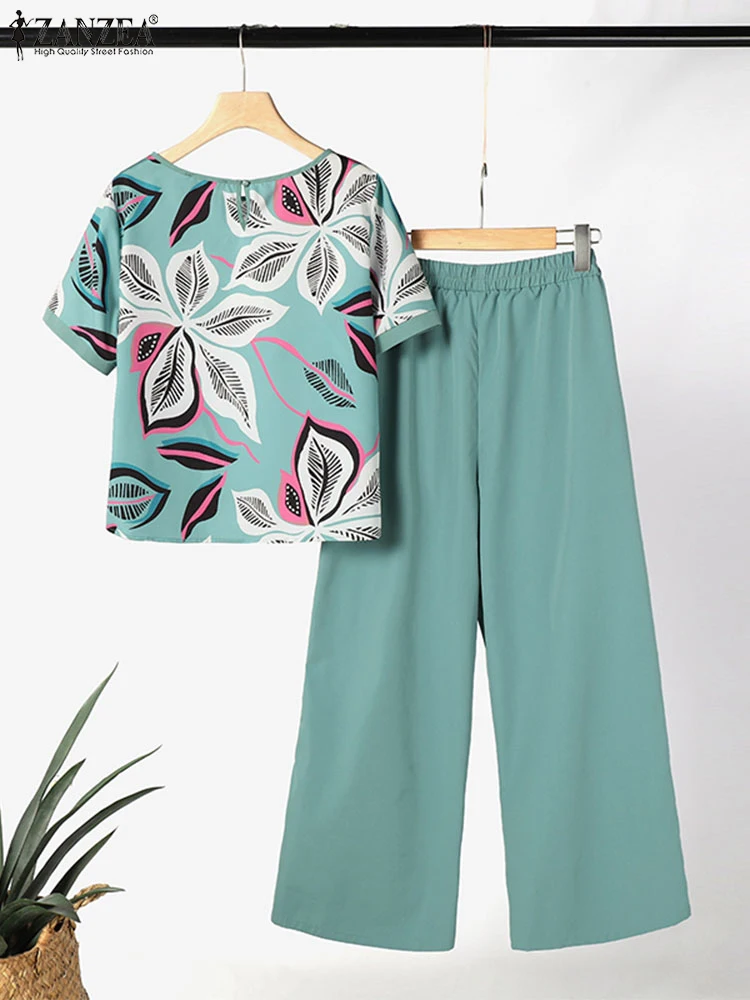 ZANZEA Loose Short Sleeve 2pcs Outfits Printed Blouse Bohemian Women Korean Matching Sets Casual Summer Trousers Suits Pant Sets