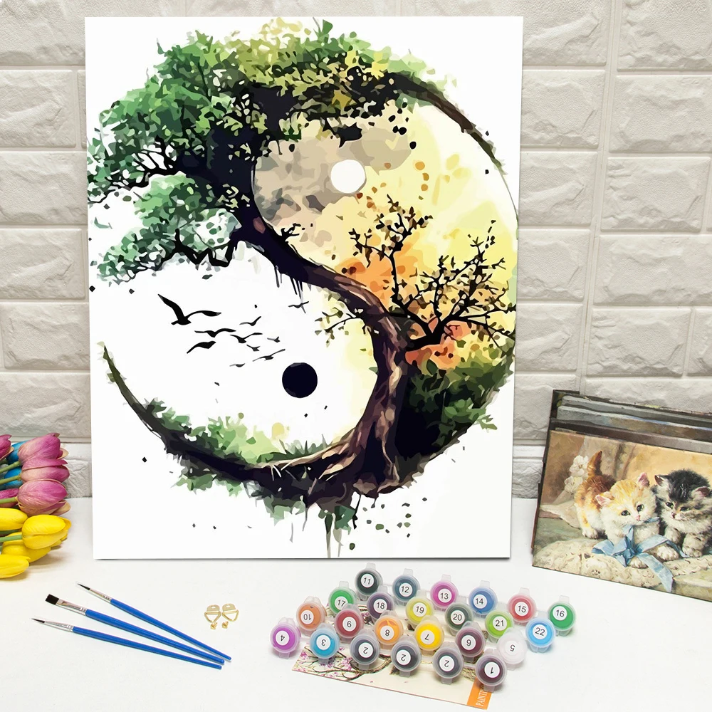 Ölgemälde nach Zahlen, Baumlandschaft, digitales Ölgemälde, Landschaft, Kunst und Handwerk, DIY-Set für Erwachsene, Wanddekoration, Wohnzimmer