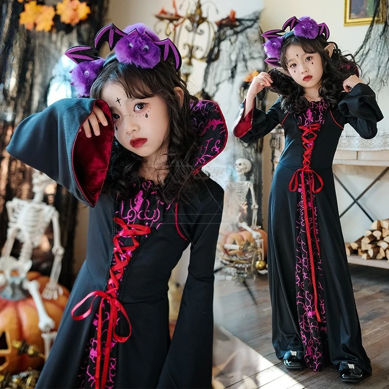 

Children's Halloween Cosplay Costumes Girl Witch Black and Red Dresses Festive Carnival Masquerade Fancy Dress Vampire Costume