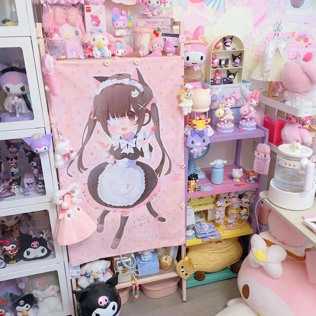 VIKAMA Kawaii Anime Maid Girl Tapestry Pink Polka Dot with Cake Print Wall Hanging for Bedroom Aesthetic Decor