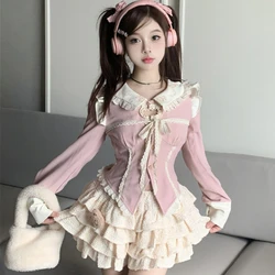 Pink Kawaii Lolita 2 Piiece Set donna dolce camicette a maniche lunghe carino Mini gonna a pieghe abito da sera in stile giapponese Lolita