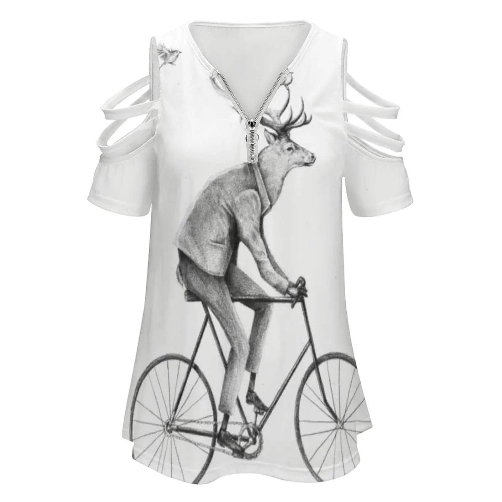 Even A Gentleman Rides Women'S T-Shirt New Fashion Printed Zipper V-Neck Short Sleeve T Shirts Casual Plus Size Deer Wild Deer