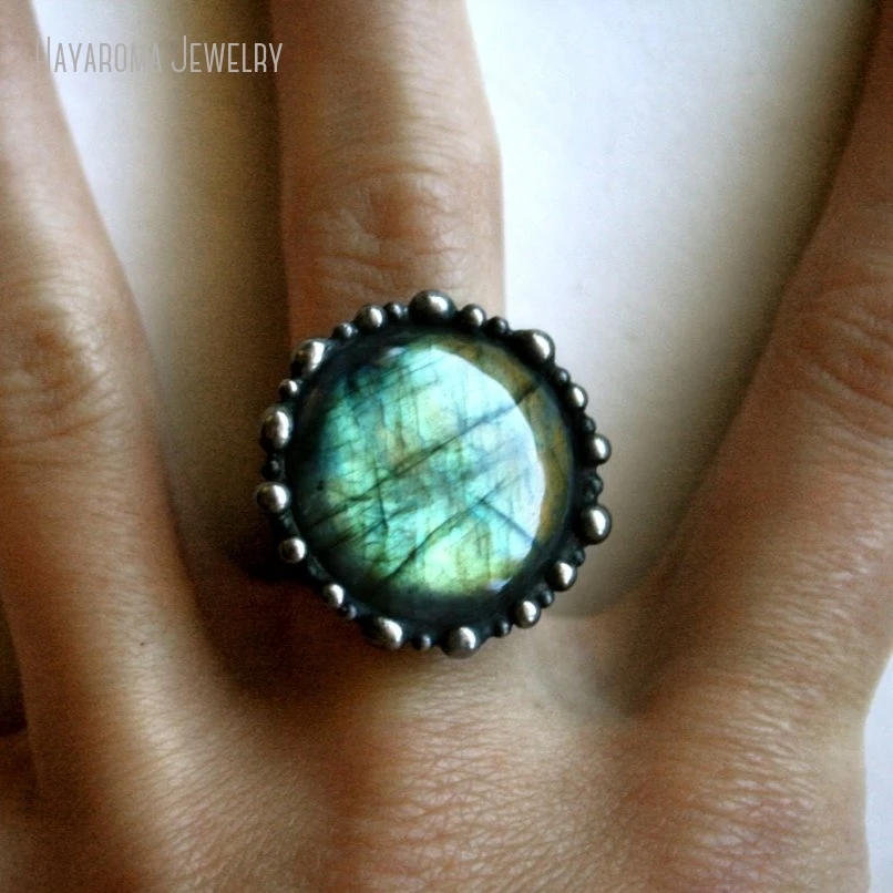 

10pcs Aqua Labradorite Round Ring Women Goth Witch Emo Accessories Wicca Pagan Gothic Grunge Statement Jewelry