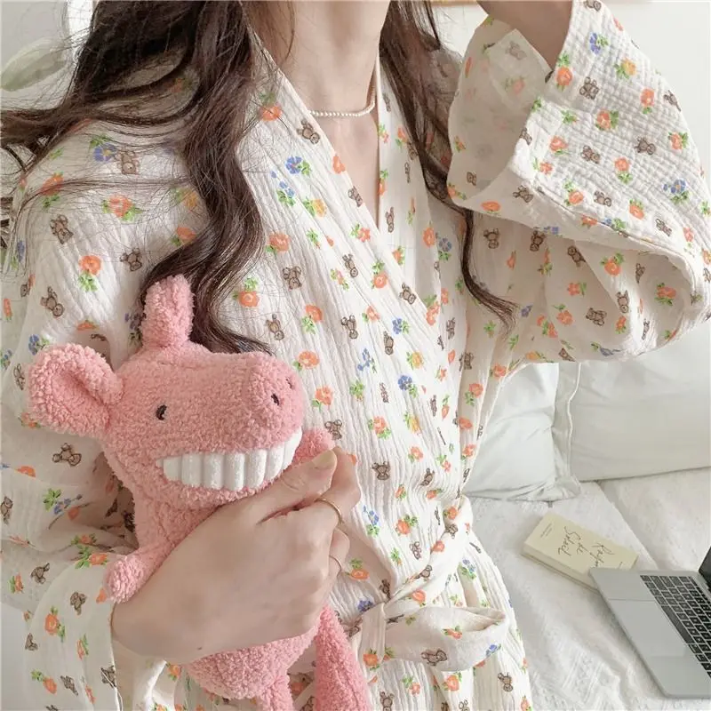 Casual Women Spring Autumn Loose Crape Cotton Robe Lace-up Bathrobe Sweet Kimono Female Cherry Bear Printed Dressing Gown S-XL