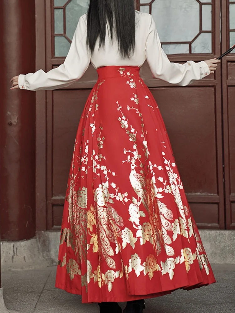 Gold Print Horse Face Skirt Women Floral Pleated Skirt Spring Autumn Hanfu Lace Up High Waisted Embroidery Long Skirt femme