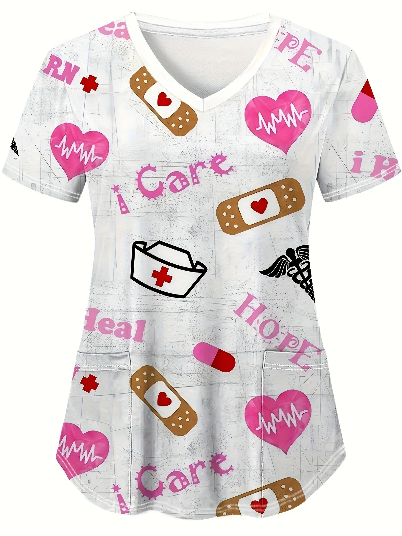 

Cute Printed Short Sleeve Stretch V-Neck Top Comfortable and Practical Nurse Health Uniform Fashionable Female Uniform Top