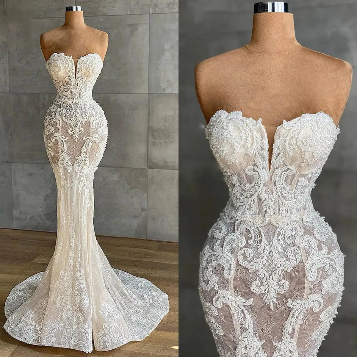 Robe de mariée sirène classique personnalisée, appliques en dentelle, paillettes, train de balayage, cou en cœur, fibropatients