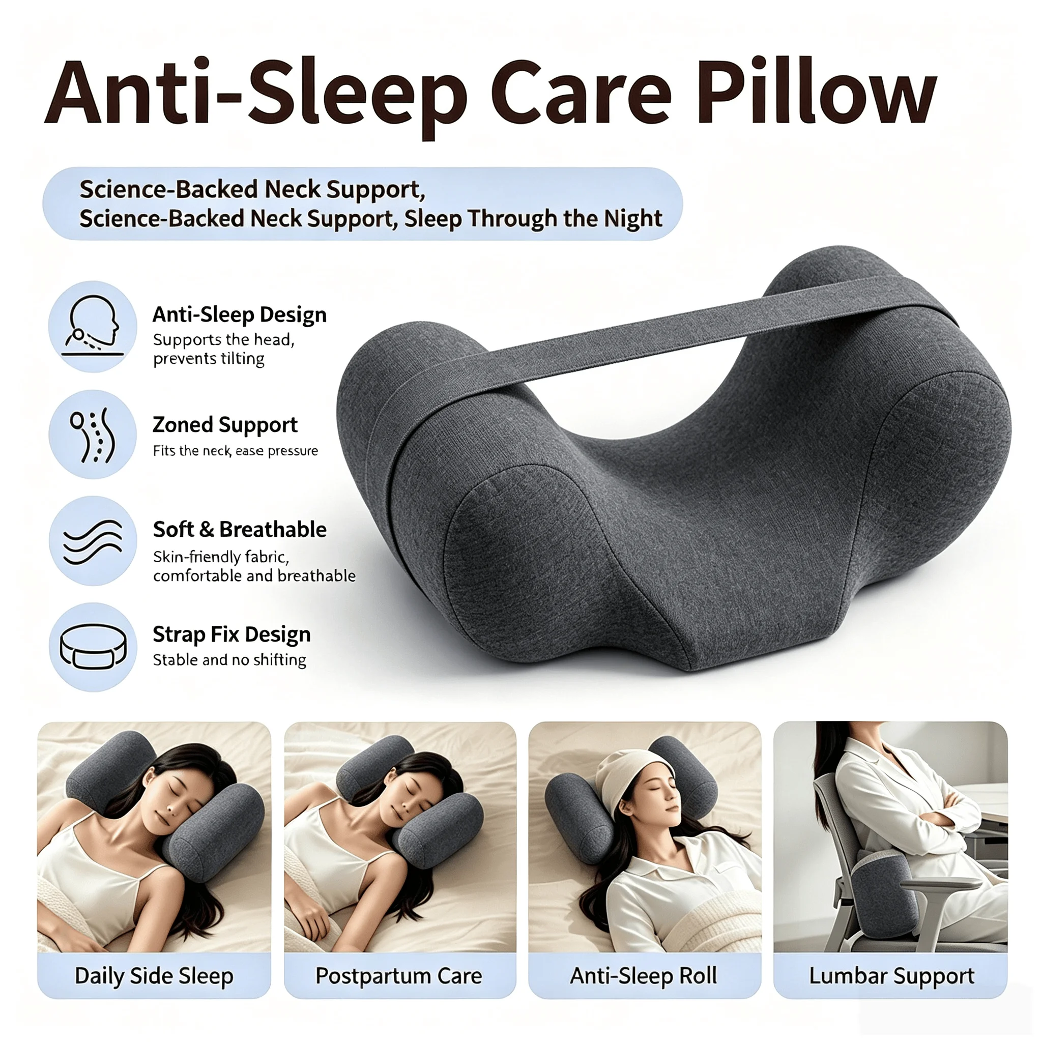 Ergonomic Curved Nap Pillow with Fixed Strap Anti-Side Sleep Care for Office Chair Home Waist Back Support Lumbar Cushion