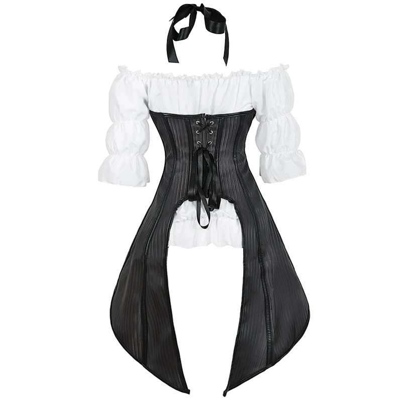 Steampunk Corset Bustier Top Blouse 2 Pieces Black Gothic Underbust Corset Striped Long Straps Burlesque Costume Women