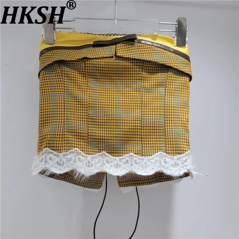 

HKSH Summer New Women Trendy Tank Top Plaid Patchwork Lace Back Lace-up Strapless Personality Streetwear Y2K Stylish Vest HK9081