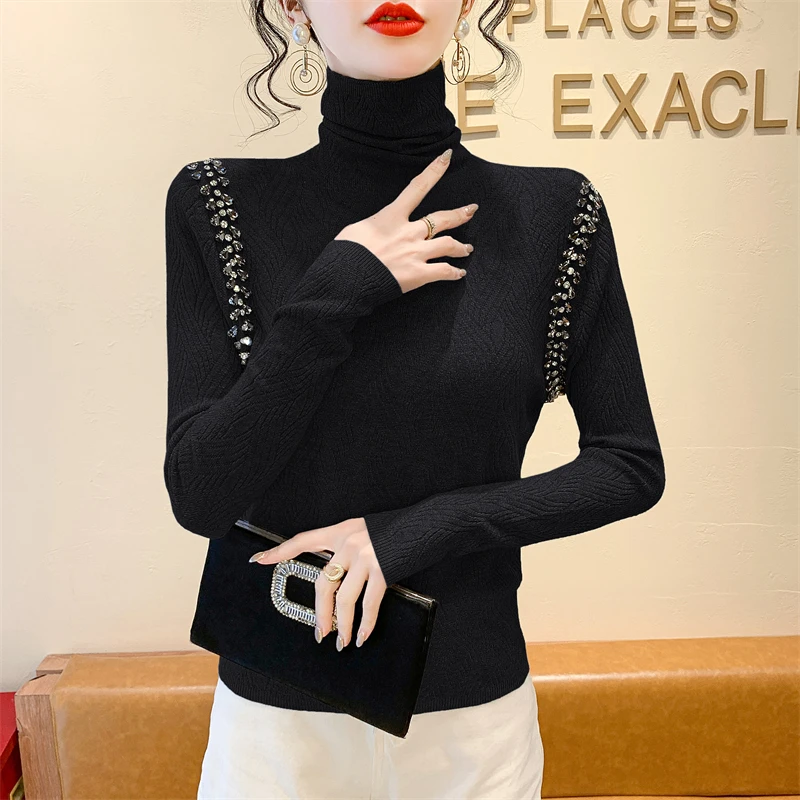 Gola alta diamante camisola de malha 2025 outono inverno manga longa pulôveres femininos topos elegante moda casual malhas