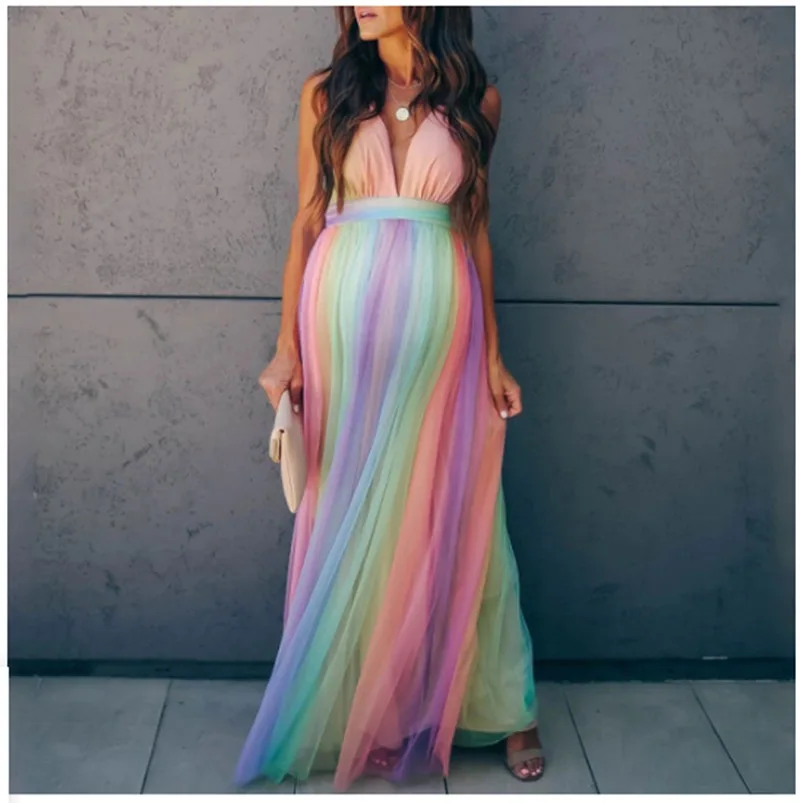 

Pregnancy Shooting Dress Maternity Summer Tulle Colorful Yarn Large V-neck Backless Fashion Floating Yarn Fold Sexy 2022