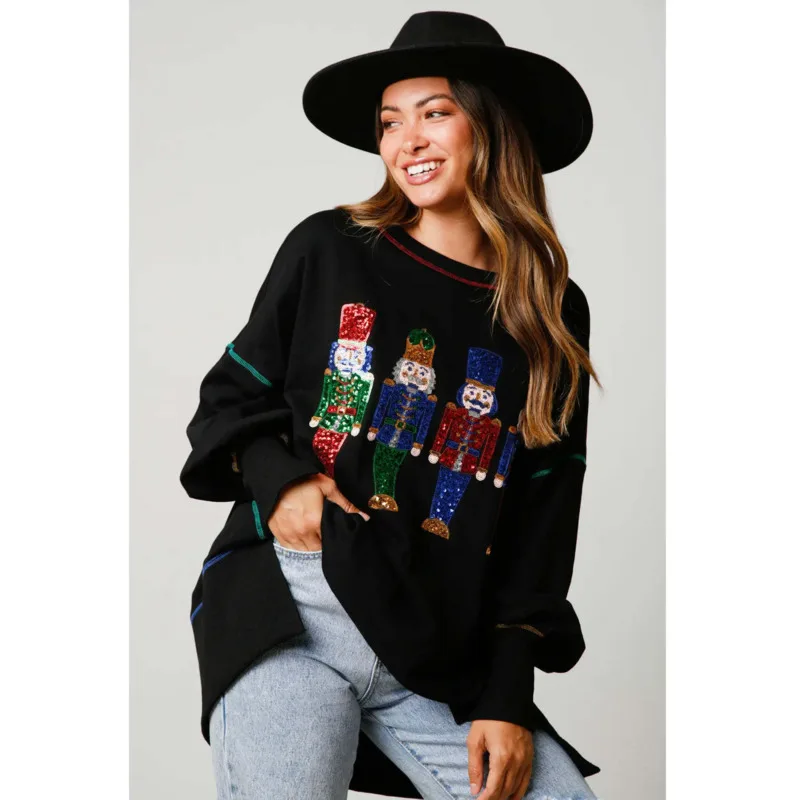 Women'S Christmas Nutcracker Sweatshirt Pullover 2024 New Year Wear Sequins Versatile Top Cartoon Soldier Pink Sweater For Women