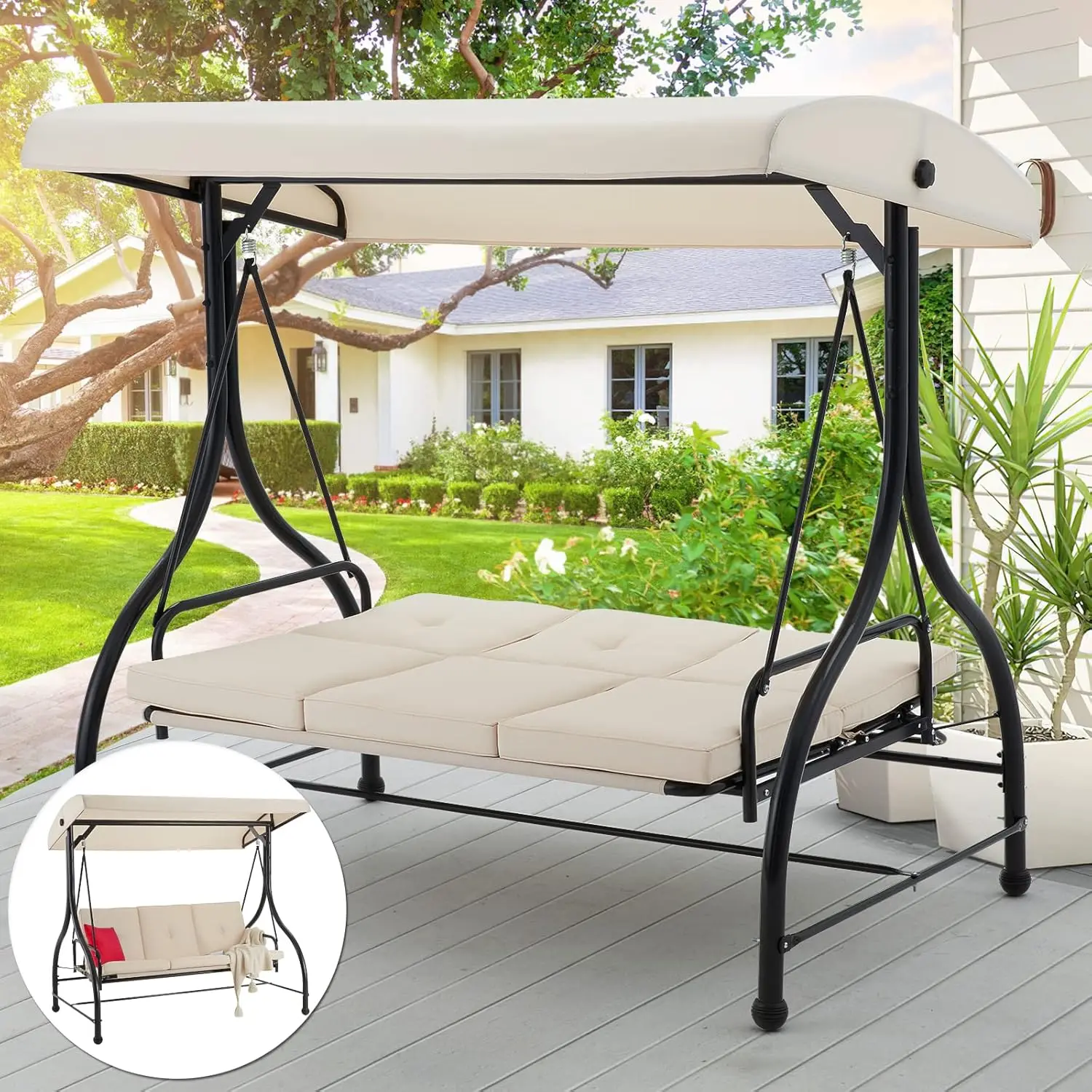 

3 Seat Outdoor Patio Swing Converting Porch Patio Swing with Canopy Hammock Adjustable Backrest and Canopy Removable Cushions