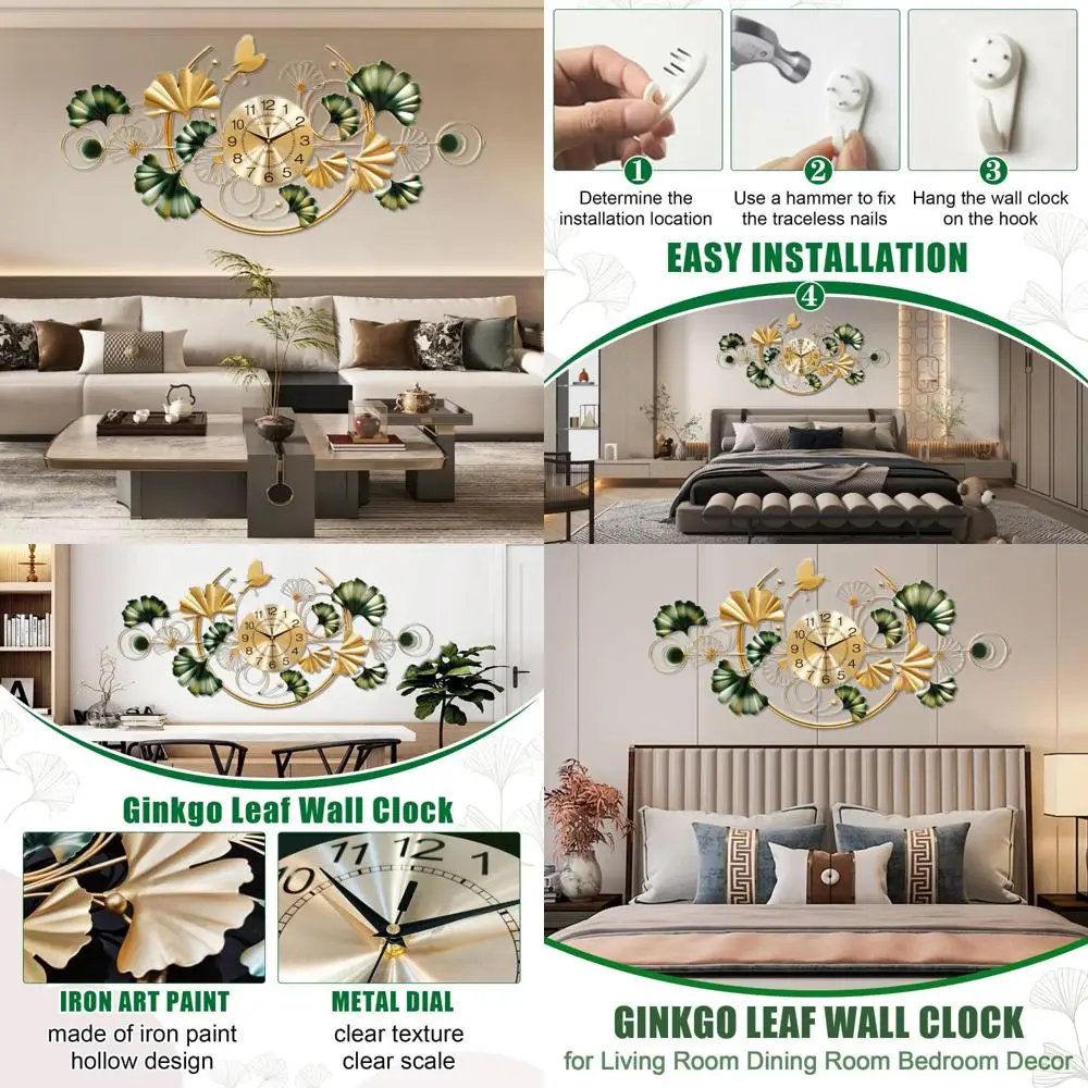 

Elegant Ginkgo Leaf Design Wall Clock, Premium Gold Metal Flower Decoration, Silent Large Wall Clock