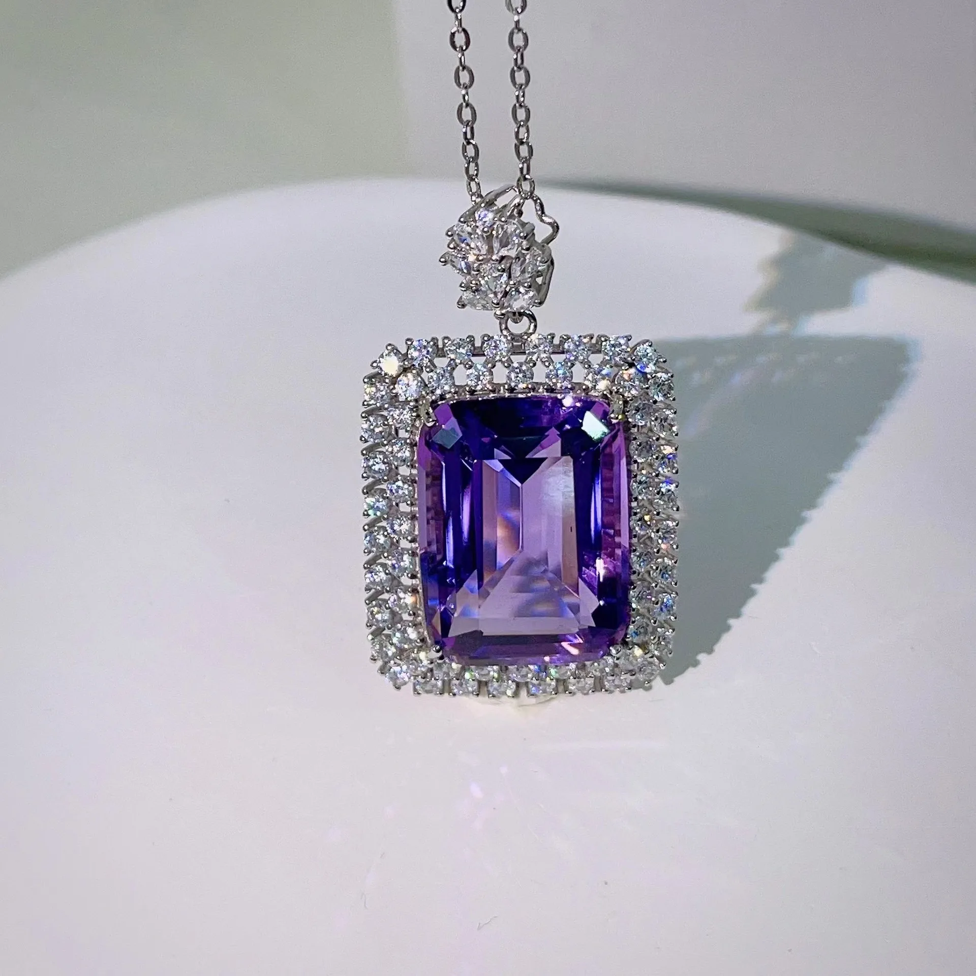S925 Sterling Silver White Gold Plated Natural Amethyst Pendant,15*20mm Rectangle Gemstone,Chain Not Included