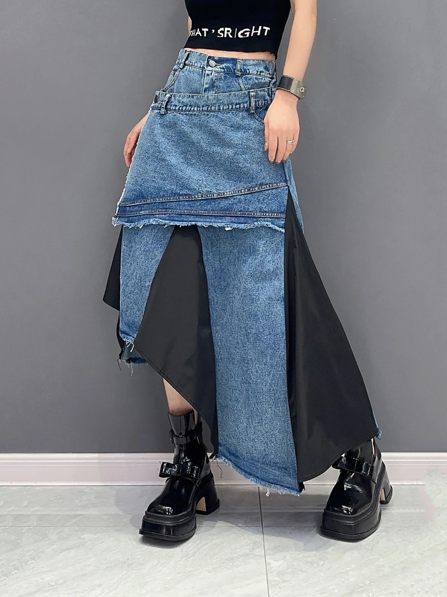 230864 High Elastic Waist Black Denim Irregular Color-Block Half-Body Skirt Women Fashion Tide New Spring Autumn 2025