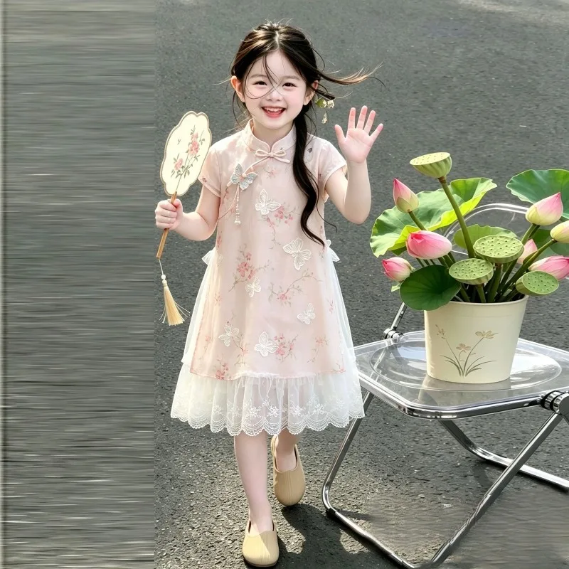 Girls Cheongsam Dress 2026 Summer New Dressrs for Kids Lace Chinese National Style Teenager Princess Dress Toddler Costume