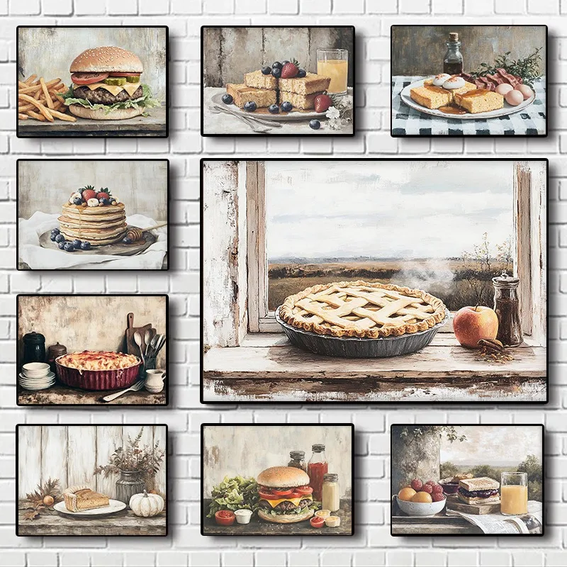 Rustic Kitchen Food Poster Apple Pie Berry Pancake Pizza Canvas Painting Art Picture Wall Cocinas Accesorios Home Decoration