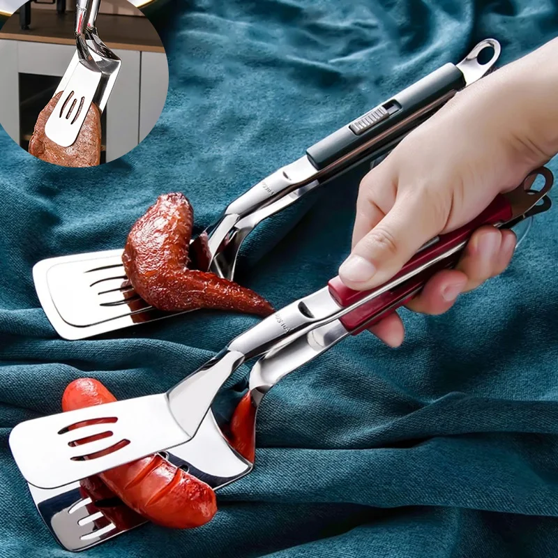 1pc Steak Clip Dual Spatula BBQ Tongs for Steak Fish Grilling Non-Slip Locking Clip with Slip-On Design Barbecue Meat Food Clip