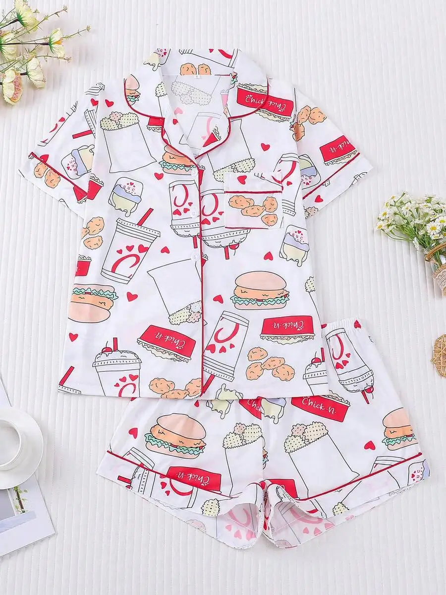 

Womens Fast Food Print Pajama Set With Collar Shirt And Shorts