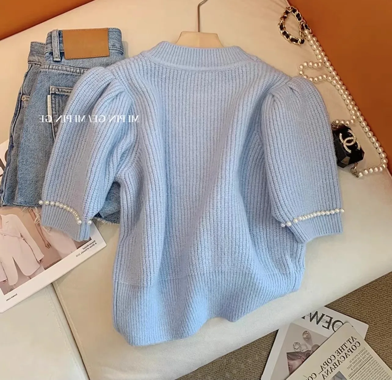 Blue Pearl Beaded Sweater Tshirt Women 2023 Summer Twisted Knitted Elegant Korean Knitwear Tops Short Sleeve O-neck Tees Jumpers