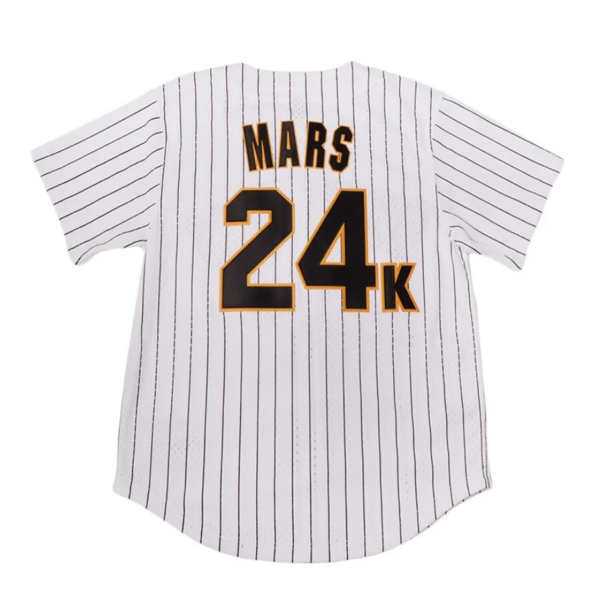 2023 Bruno Mars 24K Hooligans White Black Pinstriped Red White Black Embroidery Man Woman Kids Baseball Jersey