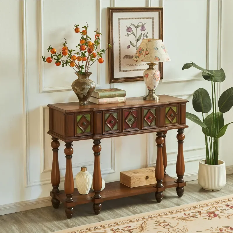 Solid Wood Three Drawer Side Table Living Room Dining Cabinet Walnut Door Hallway Entrance Partition Bedroom Storage Unit