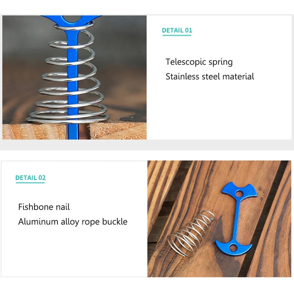 10–30 Stück Deck-Ankerheringe, Fischgräten-Zeltheringe mit Federschnalle, winddichte Aluminiumlegierung, Windseil-Anker, Camping-Zelt-Nagel – Detail 11