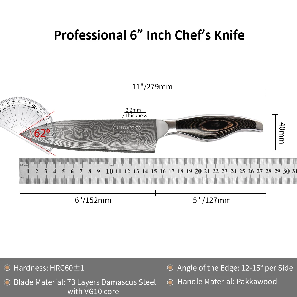 Sunnecko-非常に鋭いハンドルを備えた女性の日本のシェフのナイフ、ダマスカス鋼、包丁、調理器具、カット、vg10,6\