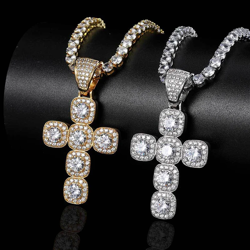 

Hip Hop Square AAA+ CZ Stone Paved Bling Iced Out Solid Cross Pendants Necklaces for Men Rapper Jewelry Gold Silver Color