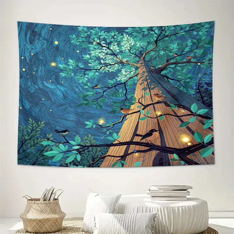 Enchanted Forest Tapestry Wall Hanging Blue Night Sky Magical Tree of Life Cosmic Galaxy Decor for Bedroom Living Room