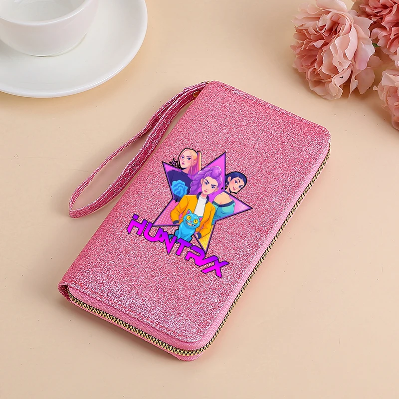 KPop شيطان الصيادين محفظة نسائية طويلة فتاة Kawaii النجوم بريق محفظة موضة متعددة الوظائف سستة محافظ بطاقة محفظة الهدايا