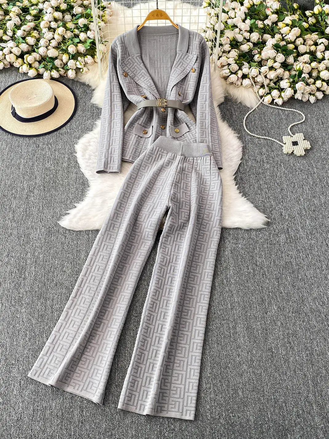 Modny dzianinowy komplet z wzorem labiryntu, dopasowany do talii, żakiet z długimi spodniami z wysokim stanem dla kobiet, idealny na jesień i czas wolny.