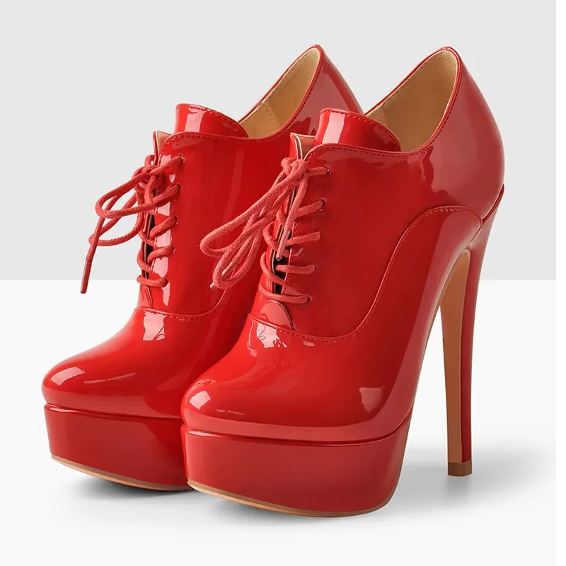 Onlymaker-Botines de charol con plataforma para mujer, botas de tacón alto con cordones, cómodos, talla grande, Sexy