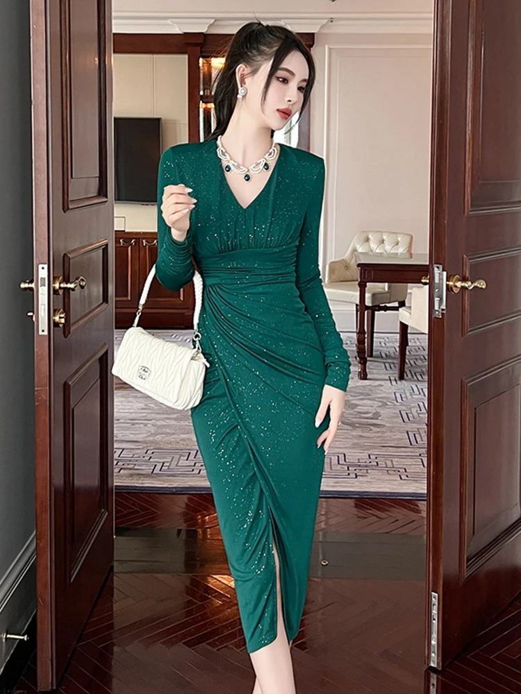봄 가을 여성 이브닝 드레스 반짝이는 스팽글 시크 섹시 브이넥 주름 바디콘 미디 파티 클럽 프로모션 드레스 신축성 있는 여성 의류