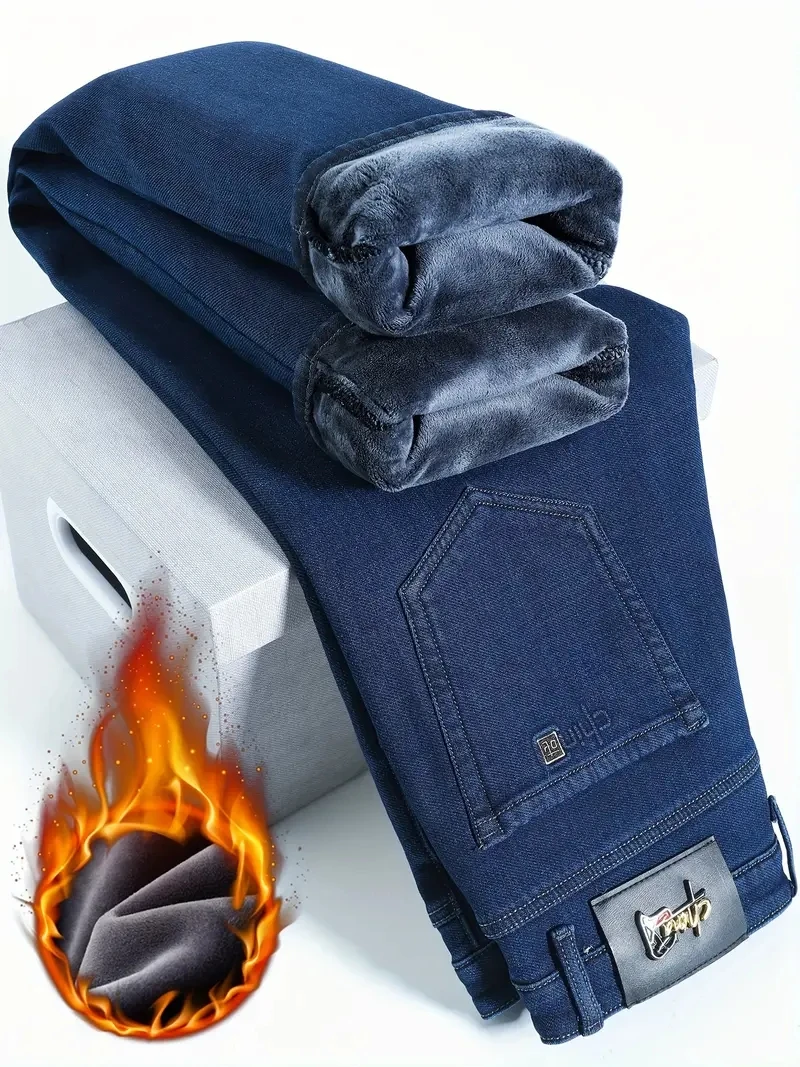 

2025 зимние джинсы высокого качества, новые повседневные прямые джинсы с утолщением флиса, свободные уличные теплые длинные брюки, уличная мужская одежда