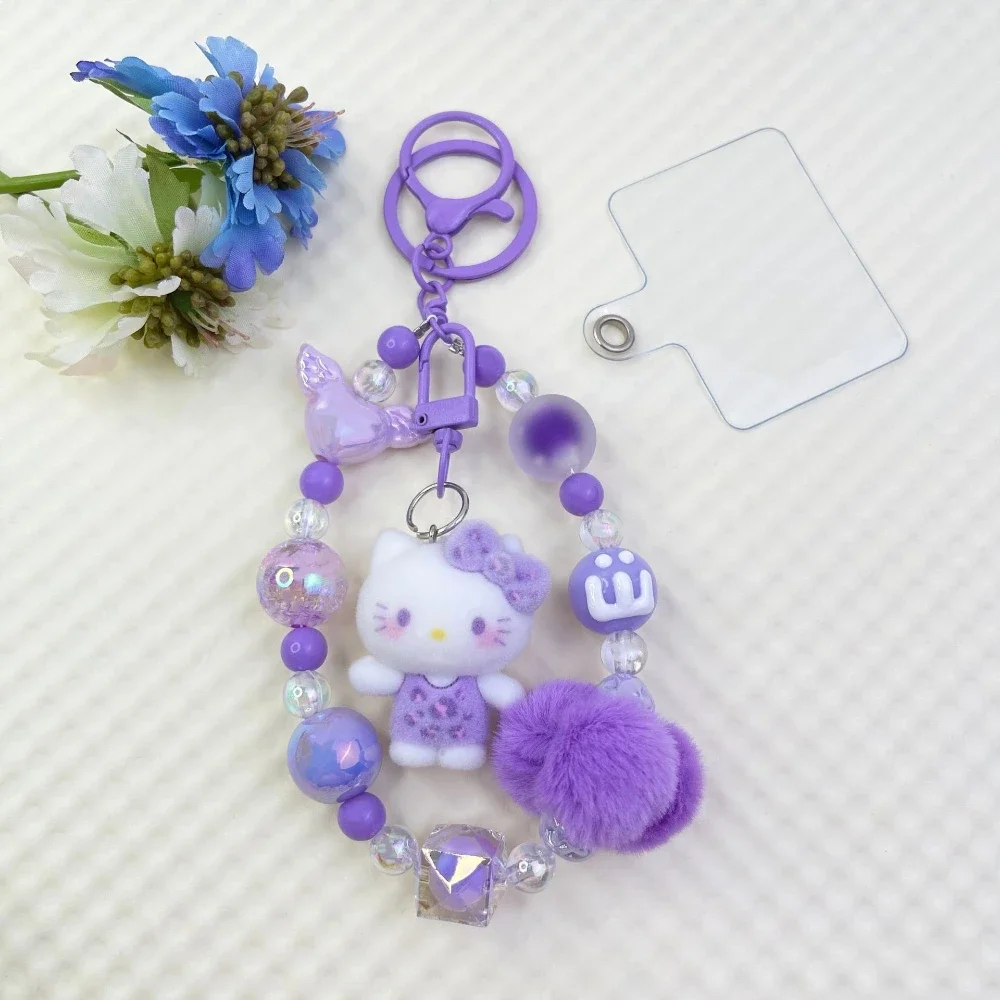 창의적인 플로킹 헬로키티 휴대폰 체인, 헤어볼 비즈 휴대폰 끈, 열쇠고리, 가방 펜던트, 소녀 선물