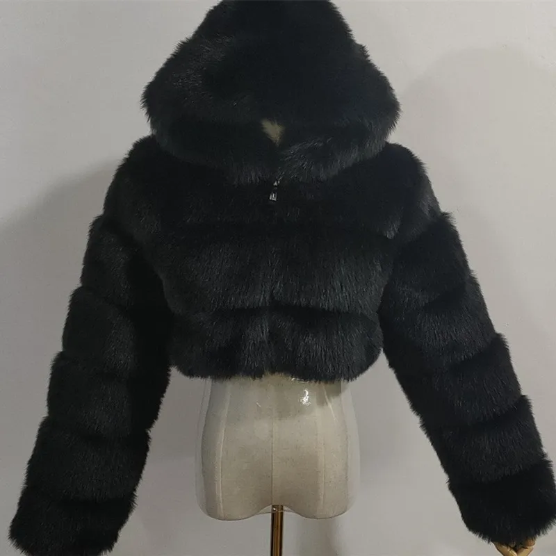 Abrigos de piel sintética recortados peludos para mujer, chaquetas mullidas, Top con capucha, Chaqueta corta de piel recta, ropa de calle de moda, otoño, invierno, nuevo