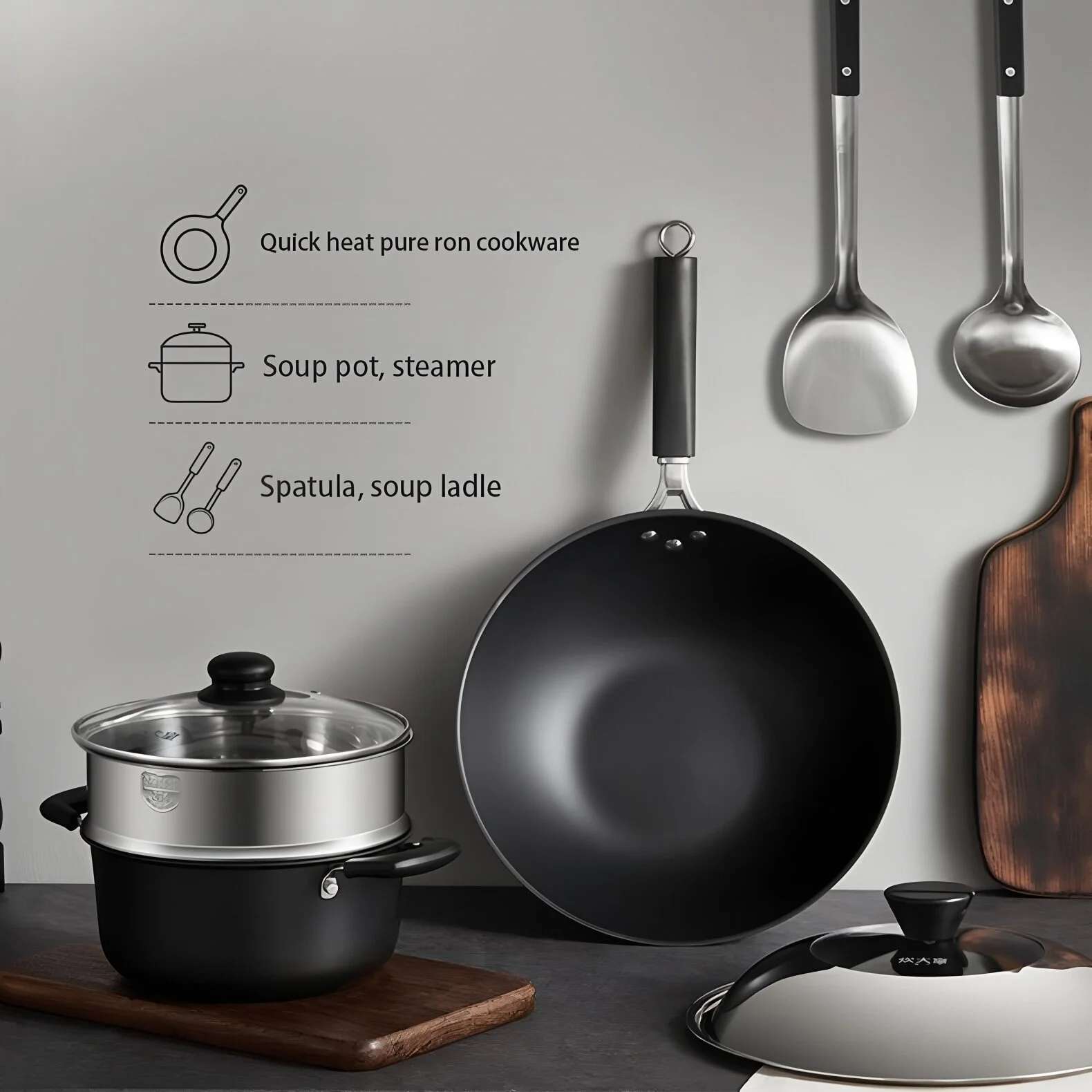 

Набор посуды COOKER KING: Вок из азотированного железа 30 см без покрытия, пароварка 22 см, пароварка из нержавеющей стали 304 и кухонные принадлежности. Купи 1, получи 4 бесплатно.