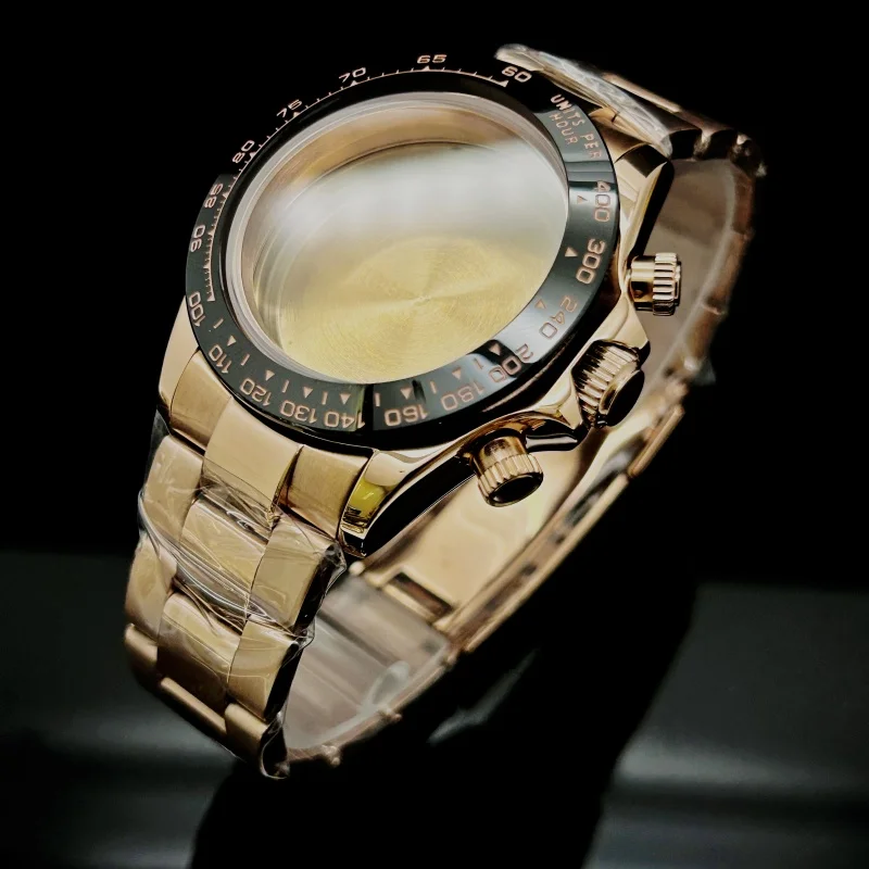 Multifuncional preto ouro aço banda relógio caso pulseira de cristal safira para daytona vk63/64 movimento peças cerâmicas 29.5mm dial